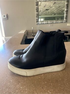 J Slides Black Leather Wedge Slip-On Booties with White Platform